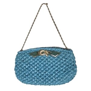 Vintage Rodo Woven Blue  Wicker Clutch Gold Chain Turquoise Purse Shoulder Bag